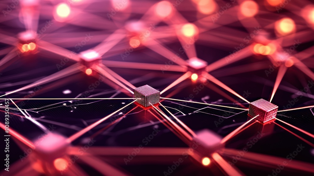 Poster a vibrant digital network of interconnected nodes with glowing lights, symbolizing technology and da
