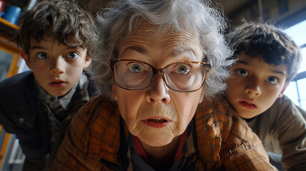 Elderly teacher and schoolchildren in shock while discovering something unexpected in a classroom