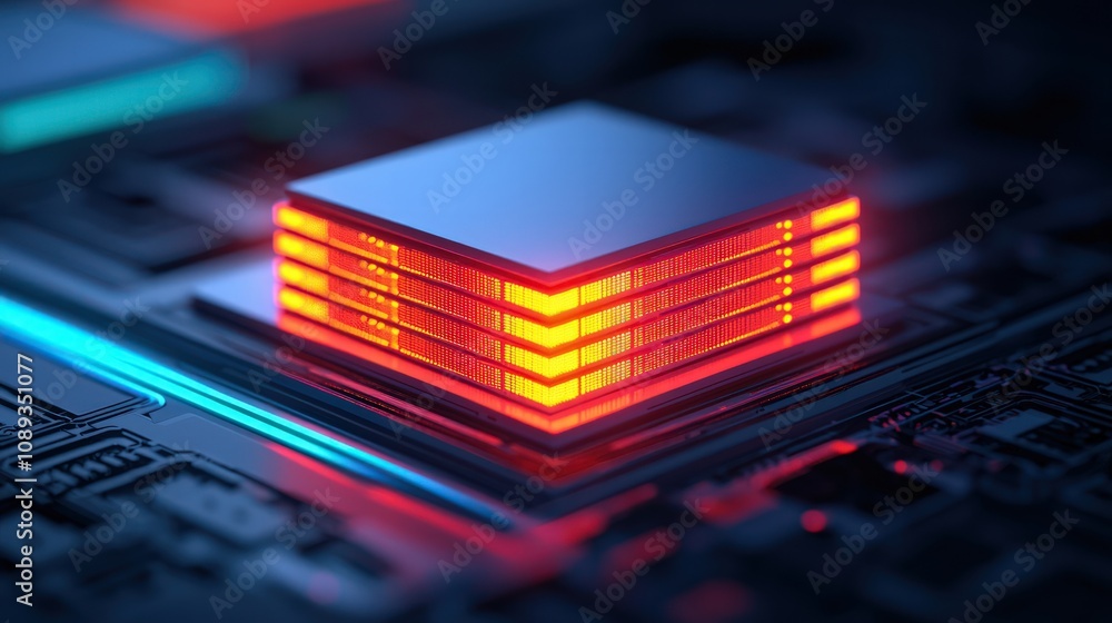 Poster a futuristic microchip with illuminated layers, showcasing advanced technology and vibrant colors ag