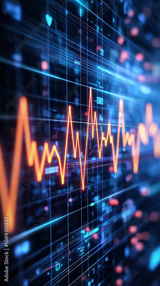 Aufkleber a vibrant, abstract representation of data visualizations with a heartbeat-like waveform against a d