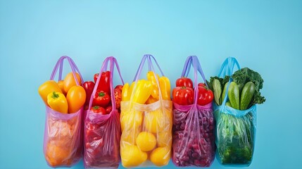 Reusable bags filled with fresh fruits and vegetables on a pastel blue background, sustainable shopping