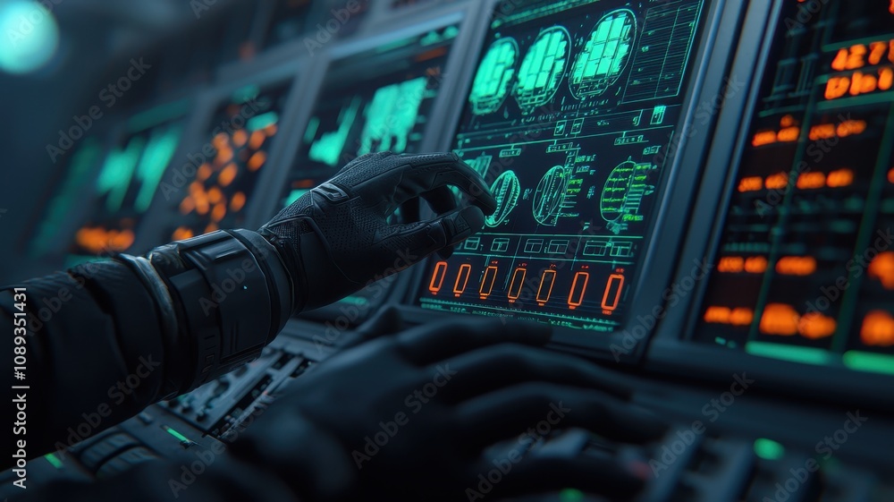 Poster a futuristic control panel featuring glowing screens and hands interacting with technology in a high