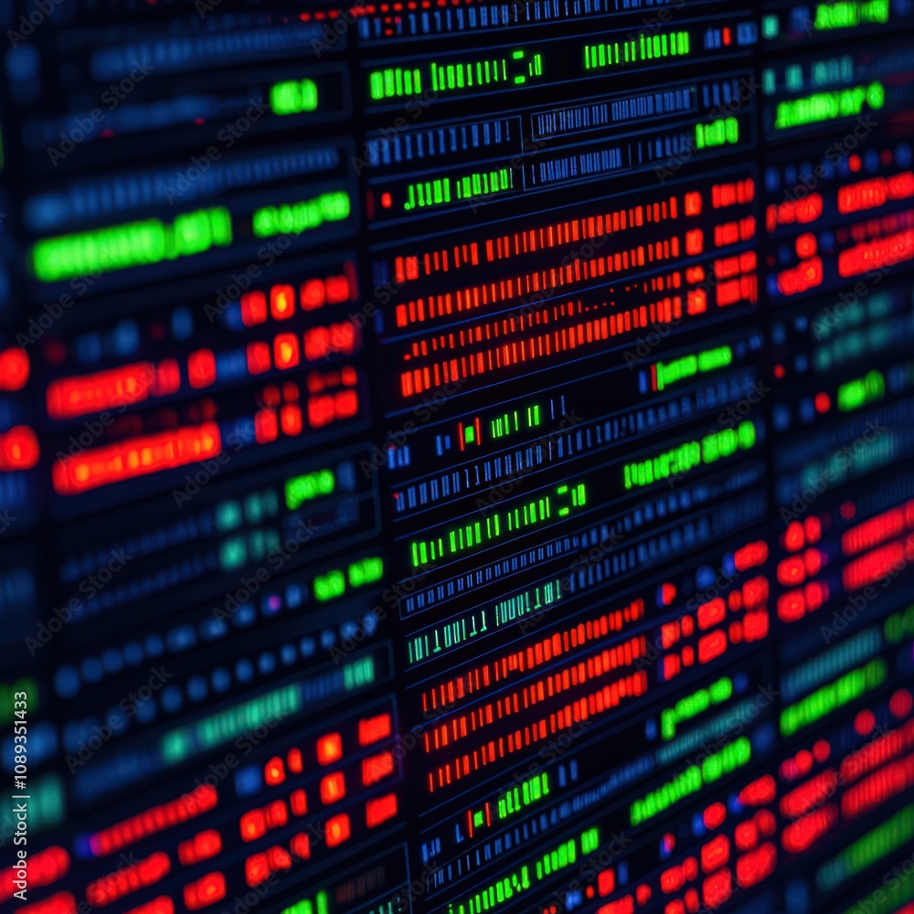 Poster a colorful display of digital data, featuring vibrant green, red, and blue text against a dark backg