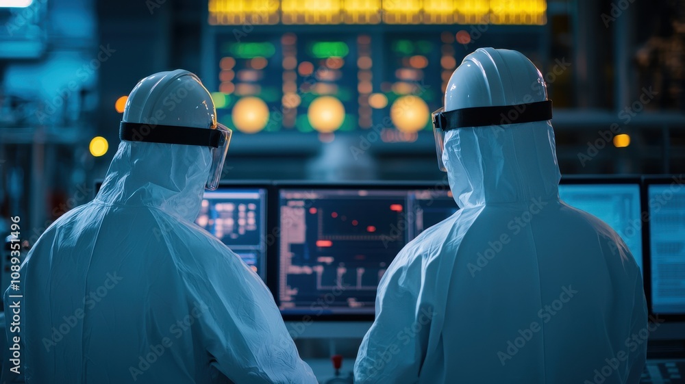 Poster two scientists in protective suits analyze data on screens in a high-tech laboratory, illuminated by