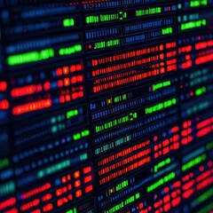 Fototapeta premium A colorful display of digital data, featuring vibrant green, red, and blue text against a dark background, resembling a high-tech interface or coding environment.