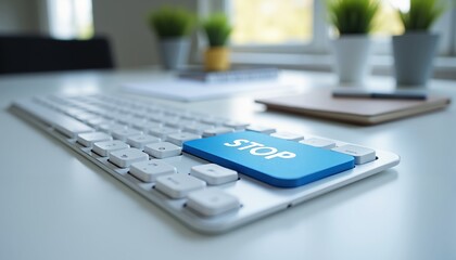 Close-Up of White Keyboard with Prominent Blue "STOP" Button Focused.