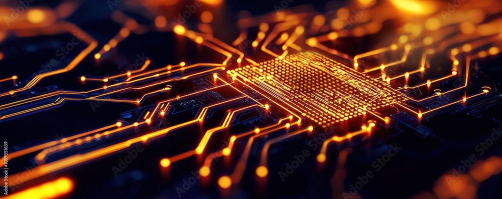 Poster a close-up view of a circuit board with glowing traces and a central chip, showcasing advanced techn