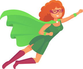 Powerful superhero woman with curly red hair and mask is flying wearing a green costume and cape, smiling and ready for action