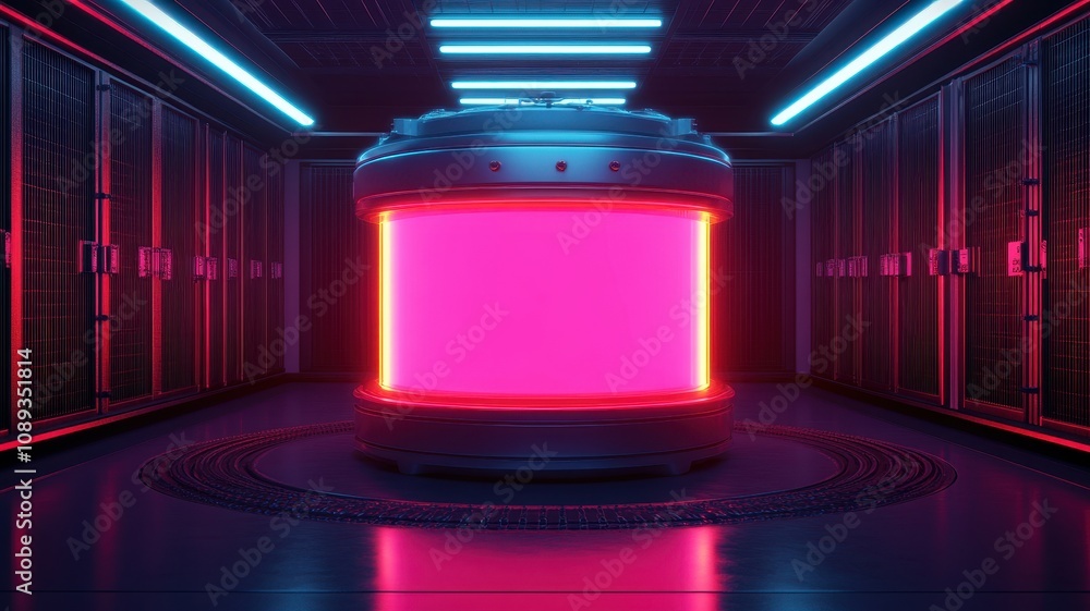 Poster a futuristic, glowing pod in a high-tech environment, surrounded by servers and illuminated with vib
