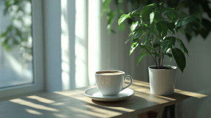 Coffee Cup Plant Sunlight Workspace Minimalist