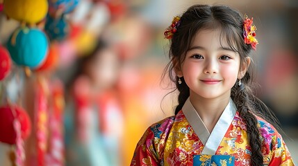 Fototapeta premium A Korean New Year celebration with children playing games in traditional hanbok clothing