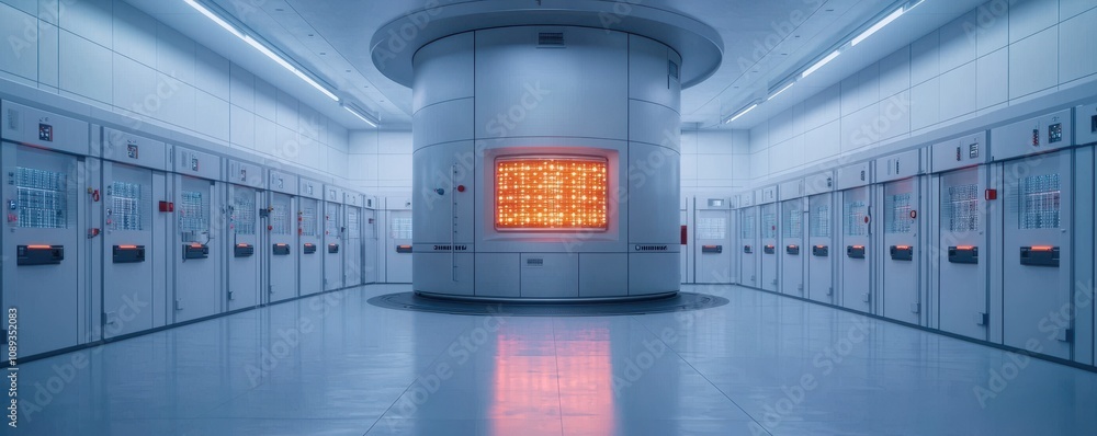 Poster a high-tech laboratory features a circular machine at the center, surrounded by rows of equipment, i