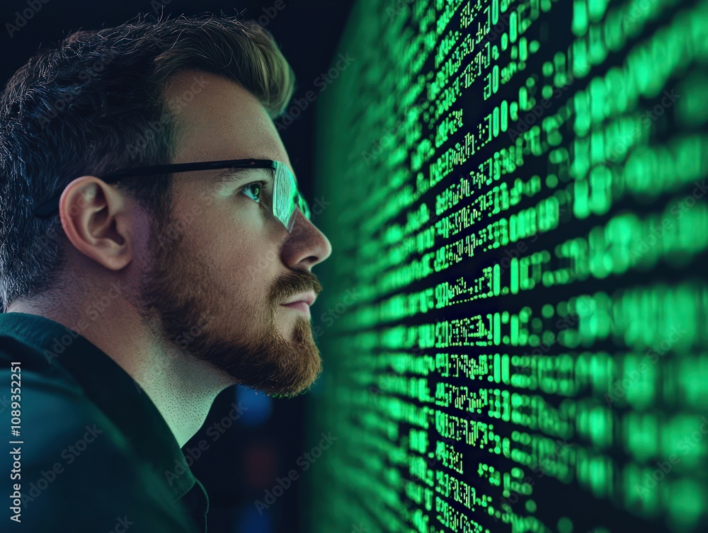 Poster a focused individual examines a digital display of green code, reflecting themes of technology, data