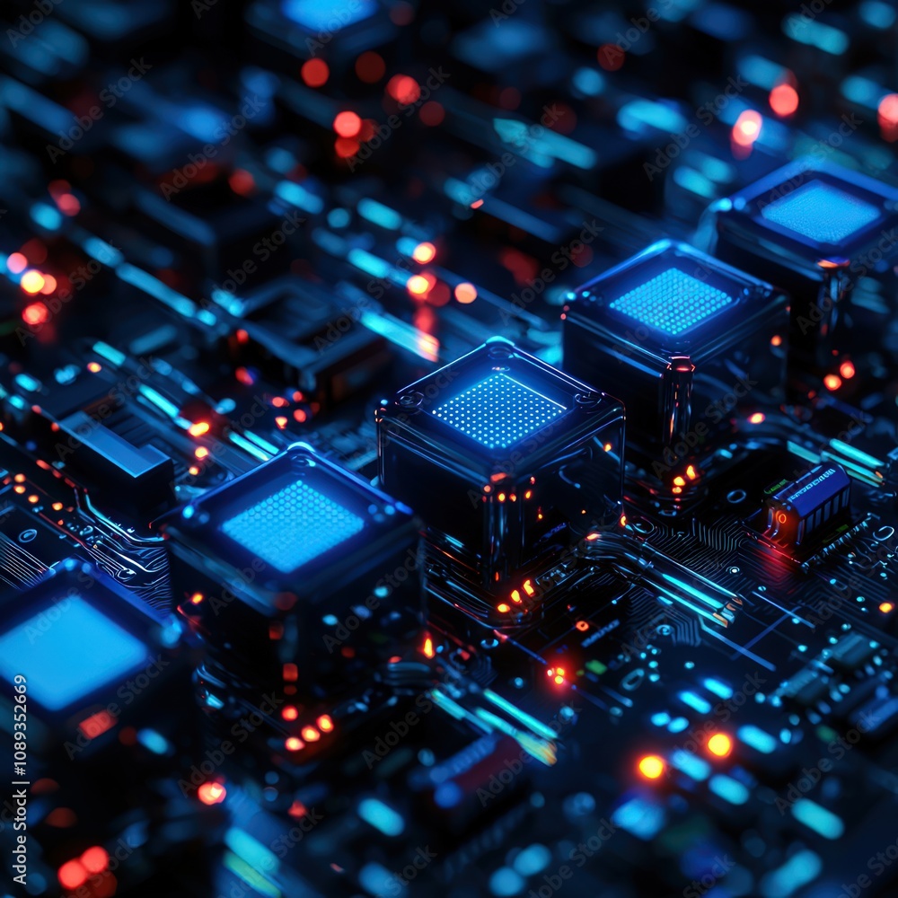 Poster a close-up of a high-tech circuit board with glowing blue components and intricate patterns, showcas