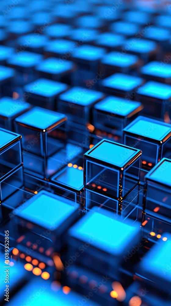Poster a close-up view of glowing blue cubes arranged in a grid pattern, creating a mesmerizing digital lan