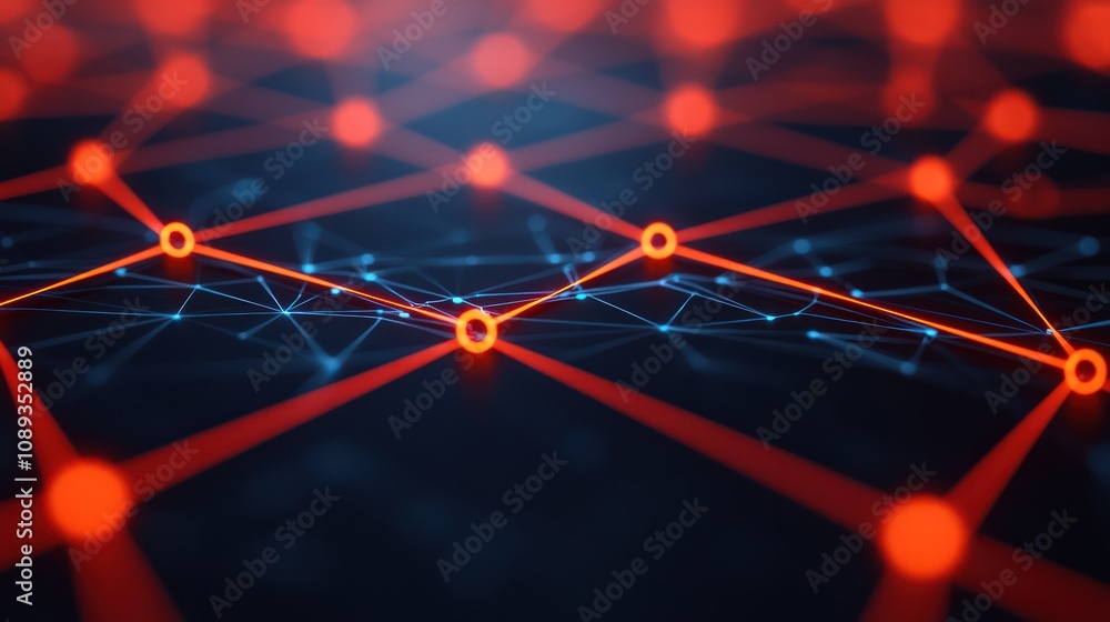 Poster a vibrant digital network with intersecting lines and nodes, featuring red and blue colors, symboliz