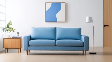 modern living room interior with blue sofa and minimalist decor