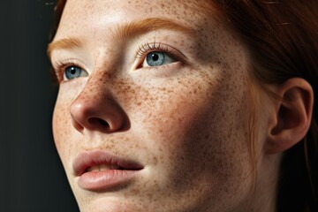 Obraz premium Freckled girl gazing upwards, radiant light on face, studio illumination from left