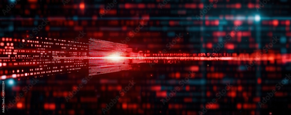 Poster a vibrant visual of red and blue data streams, creating a futuristic, digital landscape that suggest