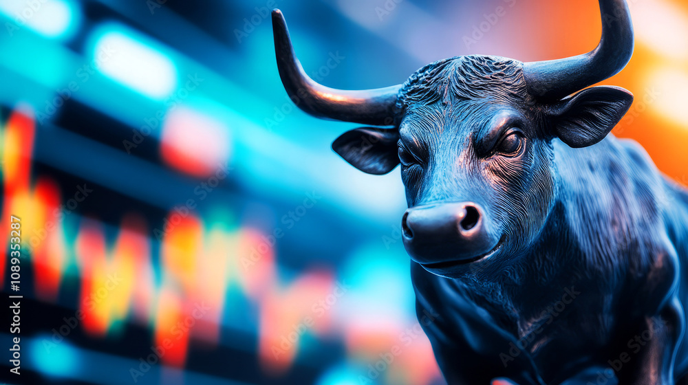 Poster bronze bull statue symbolizing strong market trends against vibrant financial chart background with 