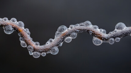 Frozen Dew Drops on Branch, Winter Macro Photography, Icy Nature, Cold Weather, Close-up