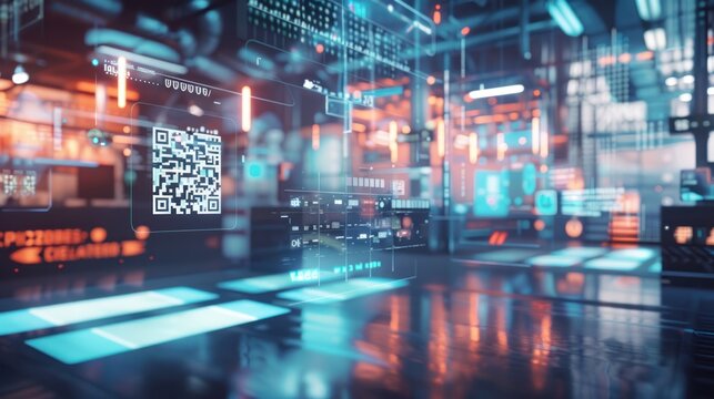 Abstract futuristic digital interface with glowing data, code, and QR code.