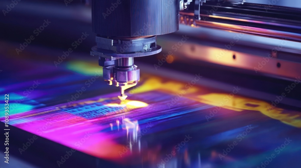 Aufkleber a close-up of a laser engraving machine in action, creating colorful designs on a surface.