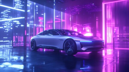 A sleek electric car stands out in a colorful, high-tech urban setting, illuminated by bright neon lights.