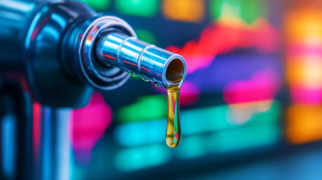 Close-up of fuel nozzle dripping oil against a blurred background of stock market charts and colorful financial graphs indicating energy trends and market fluctuations