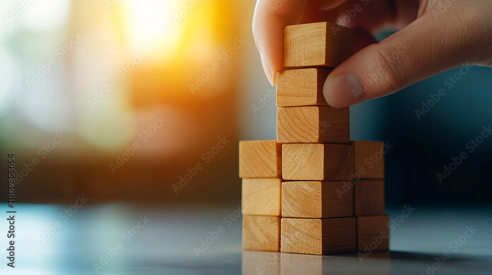 Poster hand stacking wooden blocks to build a tower of success, symbolizing growth, development, creativity