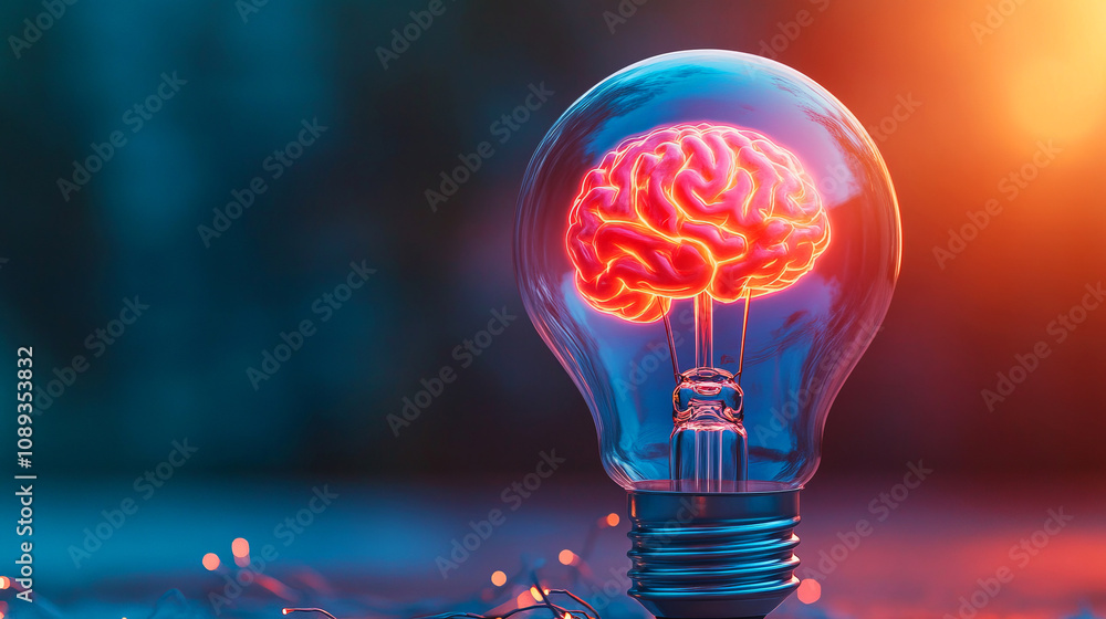 Poster innovative concept of a light bulb representing creative thinking with a brain inside symbolizing id