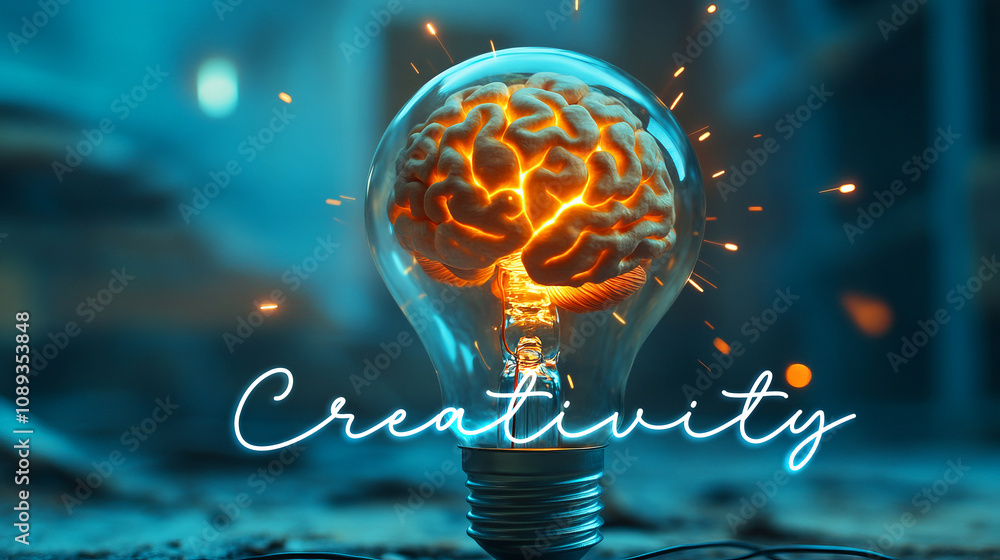 Poster visual representation of creativity with light bulb and brain concept showcasing ideas and innovatio