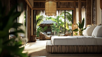 Fototapeta premium Luxurious tropical resort bedroom with wooden decor and lush garden view : Generative AI