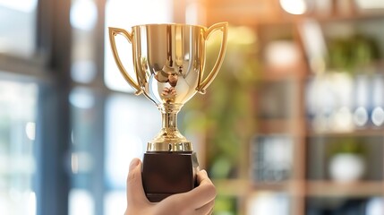 A person holding a shiny gold trophy, symbolizing achievement and success in a bright indoor setting.