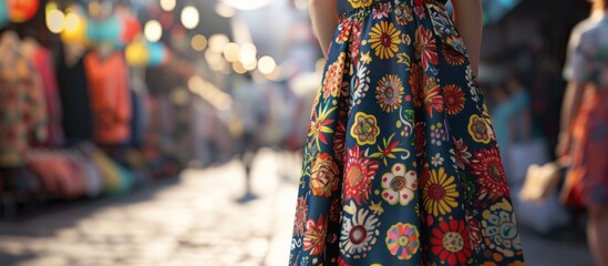 A woman wearing a colorful floral skirt walks through a bustling market.