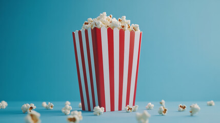 Freshly popped popcorn in a striped box with blue background