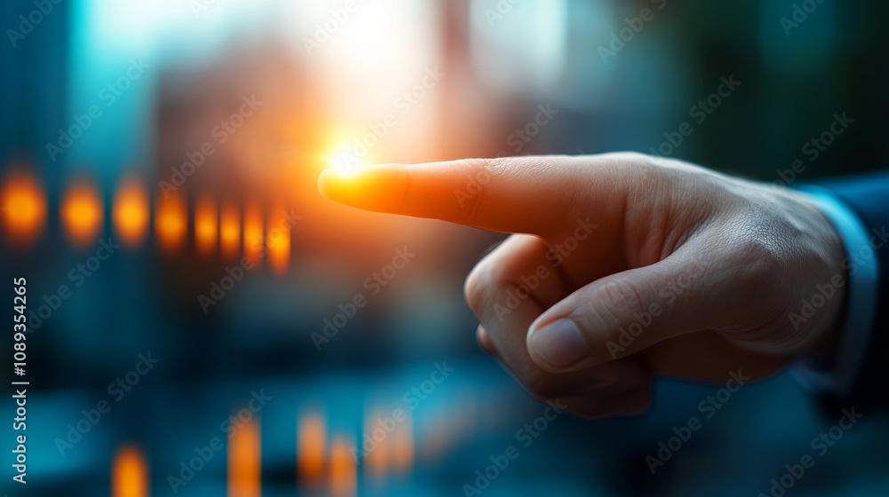 Poster human finger touching a glowing point to create a connection in a modern digital environment with a 