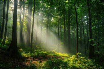 Obraz premium Sunlight streaming through the lush, dense forest, creating a serene and mystical atmosphere filled with vibrant green foliage and tranquil beauty.