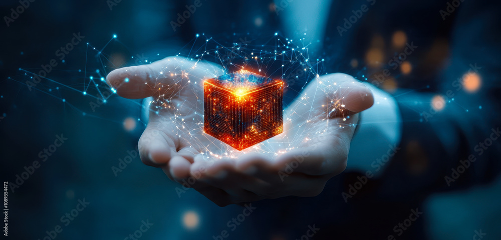 Poster businessman holding abstract cube representing ai, machine learning, and data exchange network