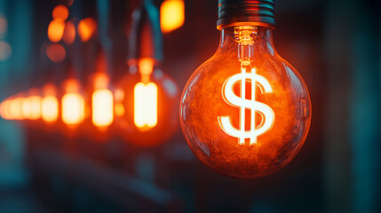 Bright Dollar Sign Light Bulb Illuminating Financial Concept with Warm Orange Glow in a Dimming Background for Unique Stock Photo Usage in Business and Finance Themes