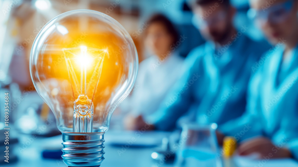 Poster bright idea illuminating a group of professionals in a laboratory environment with a focus on innova