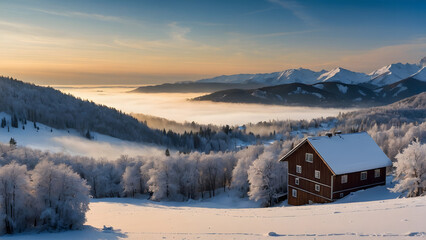 A winter wonderland unfolds with snow-covered houses nestled among frosty trees. The sun rises behind a misty valley, casting a warm glow on the snowy landscape. Perfect for winter-themed visuals