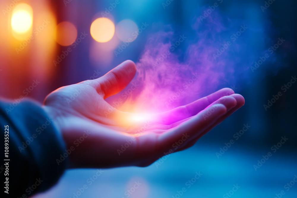 Poster a human hand releasing colorful smoke and light emissions in a darkened environment with bokeh backg