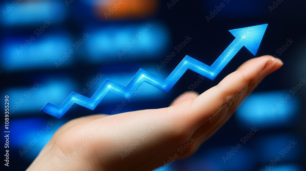 Aufkleber hands holding a rising arrow symbolizing growth and success in business with a soft blue background 