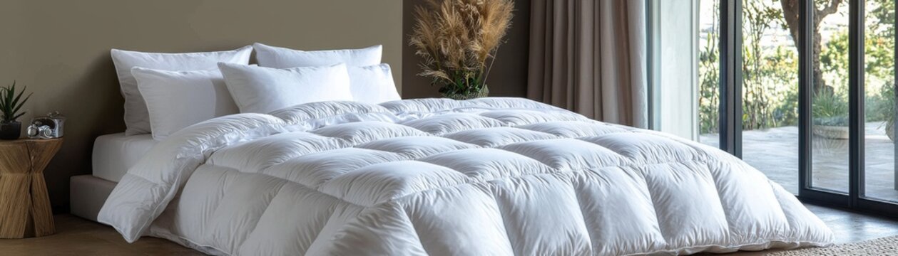 A cozy bedroom featuring a plush white comforter on a neatly made bed, with natural light streaming in through large windows.