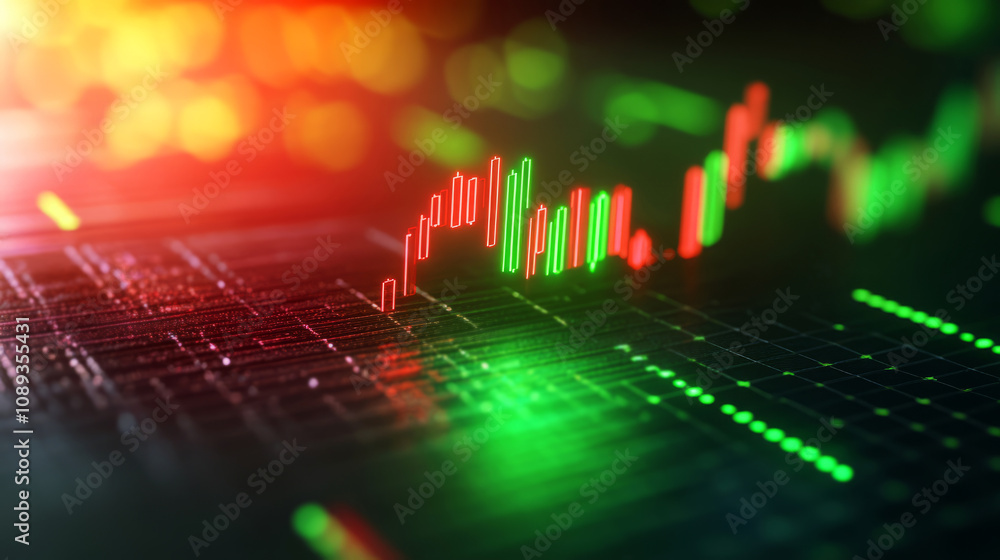 Poster abstract digital stock market graph with vibrant green and red candlestick patterns representing flu