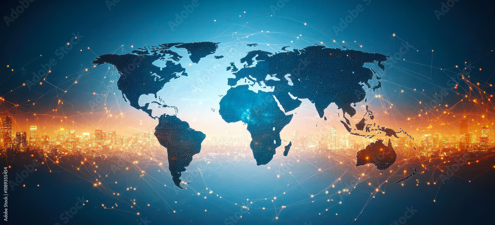 Poster global network connections: digital world map with illuminated communication lines