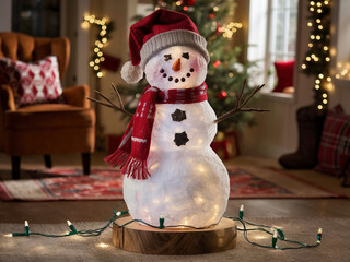 A photo of a Christmas-themed snowman in a festive setting