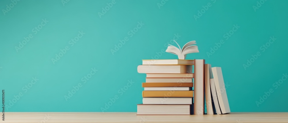 Aufkleber a stack of books with an open book on top against a colorful background