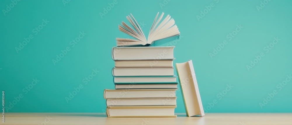 Poster a stack of books with one open on top, symbolizing knowledge and learning